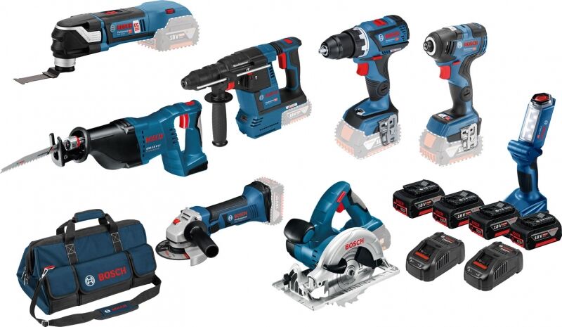 Bosch Blau 0615990K9H 8 Tool Kit 18V - 7 Maschinen + Leuchte + 4 x 5,0Ah Li-Ion