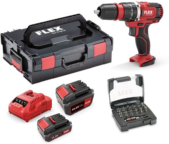 Flex-tools PD 2G 10.8-EC SET - 2-Gang Akku-Schlagbohrschrauber 10,8 V Li-Ion in L-Boxx + Winkelaufsatz und Bithalter + Bitset