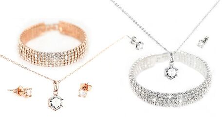Groupon Goods Global GmbH 1x oder 2x 3-tlg. Schmuck-Set mit Armband, Halskette und Ohrringen mit Swarovski®-Kristallen in Silber oder Roségold Groupon Goods Global GmbH 1x oder 2x 3-tlg. Schmuck-Set mit Armband, Halskette und Ohrringen mit Swarovski®-Kristallen in Silber oder Roségold