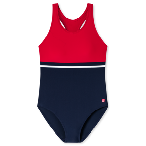Schiesser Badeanzug Wirkware recycelt LSF40+ Colour-Blocking Racerback rot - Nautical Chica für Mädchen 128