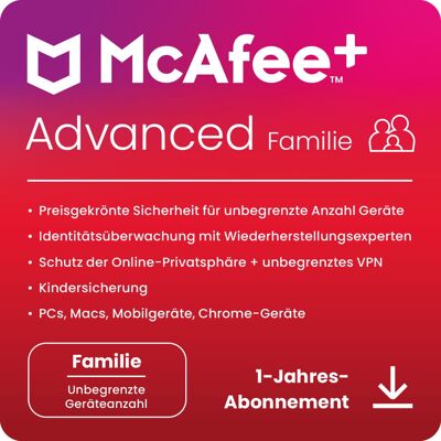 McAfee Advanced Family, 6 Nutzer, unbegrenzte Geräte - 1 Jahr, ESD, Download McAfee Advanced Family, 6 Nutzer, unbegrenzte Geräte - 1 Jahr, ESD, Download