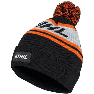 STIHL Mütze POMPON 24 schwarz/orange/grau, Bommelmütze mit gestricktem STIHL-Logo und aufgenähtem Label STIHL Mütze POMPON 24 schwarz/orange/grau, Bommelmütze mit gestricktem STIHL-Logo und aufgenähtem Label