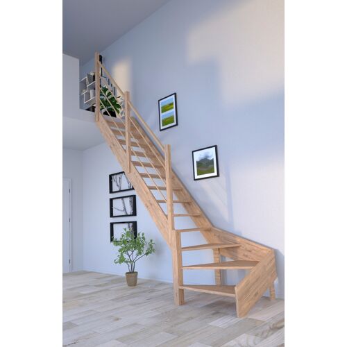 STARWOOD Raumspartreppe „Massivholz Rhodos, Holz-Holz Design Geländer“ Treppen gewendelt Links, Durchgehende Wangenteile Gr. gewendelt, beige (natur) Treppen