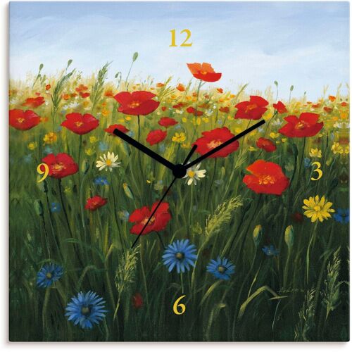 Artland Wanduhr ARTLAND „Mohnblumen Landschaft II“ Wanduhren Gr. B/H/T: 30 cm x 30 cm x 1,7 cm, Funkuhr, grün Wanduhren