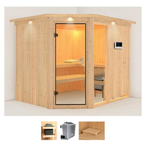 KARIBU Sauna „Frigga 3“ Saunen 9-kW-Ofen mit externer Steuerung beige (naturbelassen) Saunen