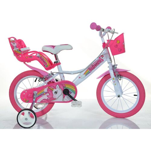 Dino Kinderfahrrad DINO „Unicorn Einhorn“ Fahrräder Gr. 28 cm, 16 Zoll (40,64 cm), pink (pink, weiß) Kinder Kinderfahrräder mit Stützrädern, Korb und Puppensitz