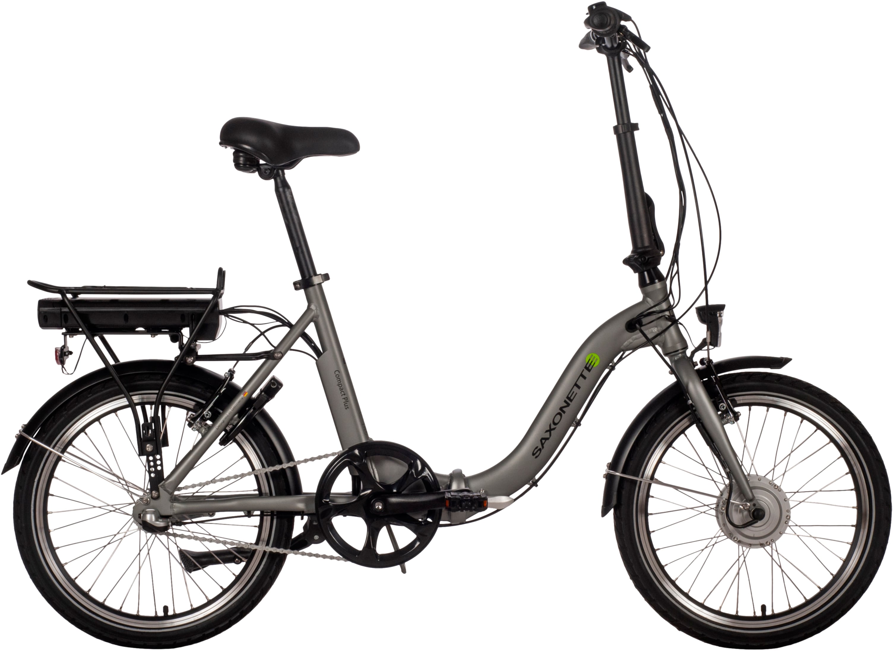 Saxonette E-Bike SAXONETTE "Compact Plus 2.0" E-Bikes Gr. 42 cm, 20 Zoll (50,80 cm), silberfarben (silber matt) E-Bikes