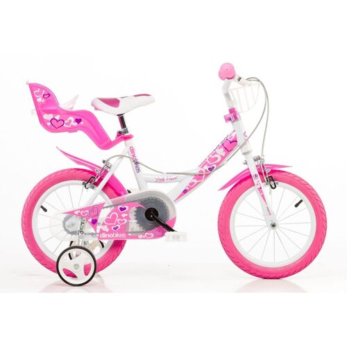 Kinderfahrrad DINO "Mädchenfahrrad 14 Zoll" Fahrräder Gr. 25 cm, 14 Zoll (35,56 cm), rosa (rosa, weiß) Kinder Kinderfahrräder mit Stützrädern, Korb und Puppensitz