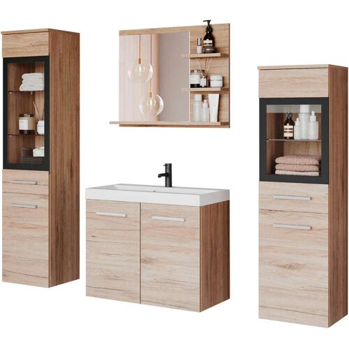 Welltime Badmöbel-Set WELLTIME „ARONA“ Kastenmöbel-Sets Gr. B/H/T: 140 cm x 130 cm x 35 cm, braun (eiche san remo) Bad-Sparsets Waschtisch inkl. Waschbecken, Badschrank, Hochschrank, Spiegel