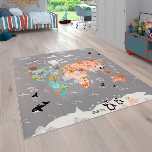 Kinderteppich PACO HOME "Bino 581" Teppiche Gr. B/L: 200 cm x 200 cm, 4 mm, 1 St., grau Kinder Kinderzimmerteppiche Spielteppich, Motiv Weltkarte & Tiere, Kinderzimmer