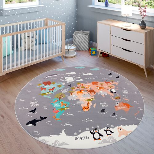 Kinderteppich PACO HOME "Bino 581" Teppiche Gr. Ø 200 cm, 4 mm, 1 St., grau Kinder Kinderzimmerteppiche Spielteppich, Motiv Weltkarte & Tiere, Kinderzimmer