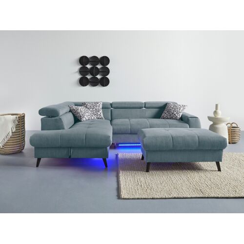 Cotta Ecksofa COTTA „Mia“ Sofas Gr. B/H/T: 244 cm x 74 cm x 193 cm, Flachgewebe, Ottomane links, Ohne Bettfunktion-ohne Bettkasten-mit RGB-LED-Beleuchtung-mit Wireless Charger, grau (niagara) Ecksofas 3-tlg.-Kissen-Set, Ottomane, wahlweise mit oder ohne R