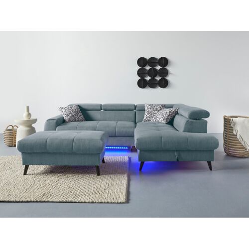 Cotta Ecksofa COTTA „Mia“ Sofas Gr. B/H/T: 244 cm x 74 cm x 193 cm, Flachgewebe, Ottomane rechts, Ohne Bettfunktion-ohne Bettkasten-mit RGB-LED-Beleuchtung-ohne Wireless Charger, grau (niagara) Ecksofas 3-tlg.-Kissen-Set, Ottomane, wahlweise mit oder ohne