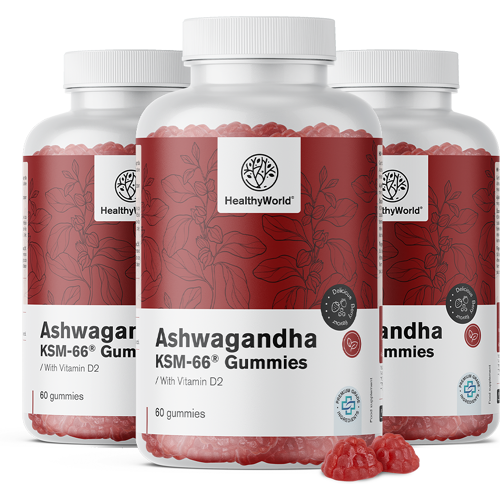 HealthyWorld® 3x Ashwagandha KSM-66 300 mg, zusammen 180 Gummibonbons