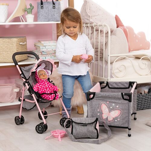 Bayer Design Puppen-Buggy Set mit Reisebett, Spielbogen und Zubehör grau