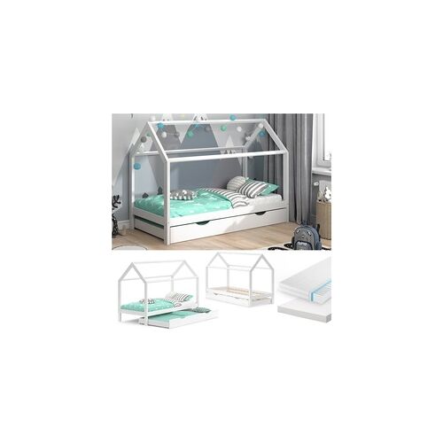 VitaliSpa Kinderbett Hausbett Gästebett Wiki Weiß 90x200cm Schublade Matratzen