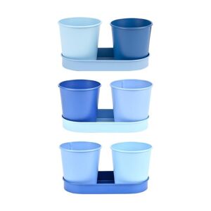 Rivanto® Blautöne 2er Blumentopf Set auf Tray, Länge 18,5 cm aus Zink, farbig sortiert, 2 x 350 ml, Pflanztopf Set, Blumentopf Untersetzer