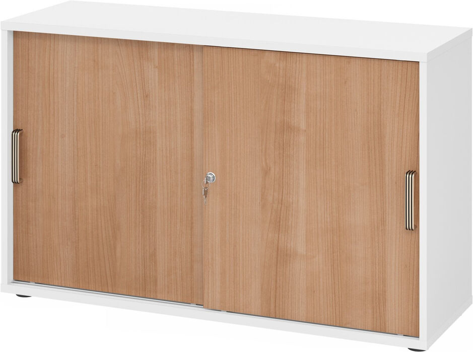 hjh OFFICE PRO BETA 1752S - 2 OH Weiß/Nussbaum Schiebetürenschrank Streifengriff Kunststoff