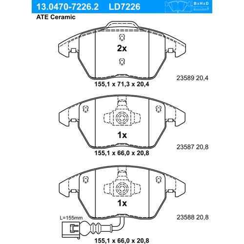 Ate Bremsbelagsatz, Scheibenbremse Ceramic 13.0470-7226.2 Vorne Rechts Links Für Vag 8j0698151 8j0698151c