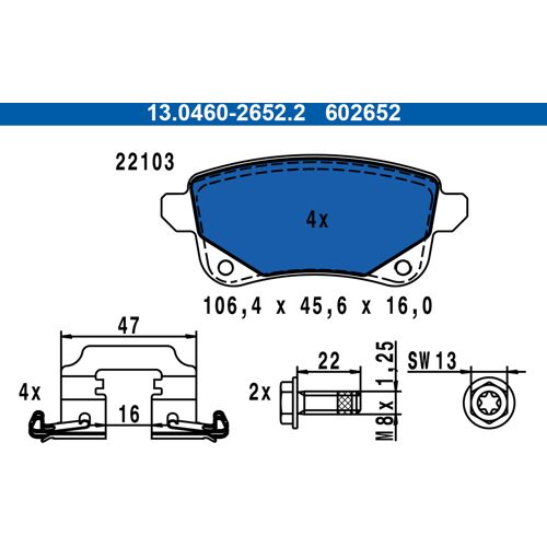 Ate Bremsbelagsatz, Scheibenbremse 13.0460-2652.2 Hinten Rechts Links Mit Zubehör Für Renault 440608061r