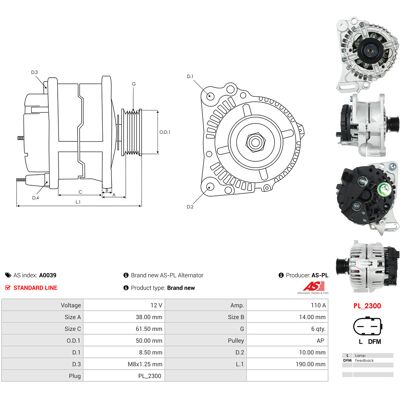 AS-PL Lichtmaschine 110A - Spannung 12V mit Riemenscheibe AS-PL Lichtmaschine 110A - Spannung 12V mit Riemenscheibe