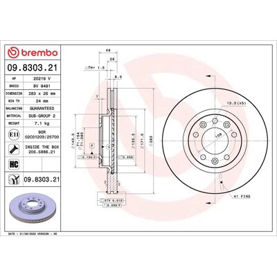 BREMBO 09.8303.21 Belüfteter Bremsscheibe BREMBO 09.8303.21 Belüfteter Bremsscheibe