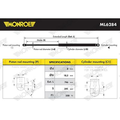 Monroe Gasfeder für Audi A3 - Motorhaubenstütze, 200 N Monroe Gasfeder für Audi A3 - Motorhaubenstütze, 200 N