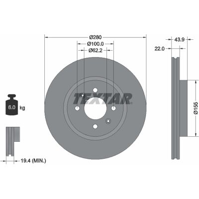 TEXTAR KIA RIO Bremsscheibe - Belüftet 280mm, 22mm, Zentrum 62.2mm TEXTAR KIA RIO Bremsscheibe - Belüftet 280mm, 22mm, Zentrum 62.2mm
