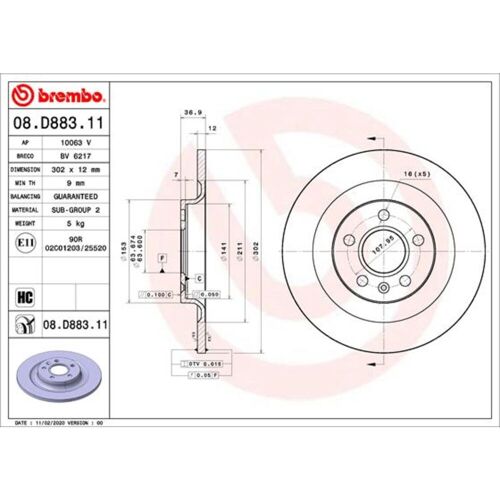 Bremsscheibe BREMBO 08.D883.11, hinten, voll, hochkarbonisiert, 1 Stück