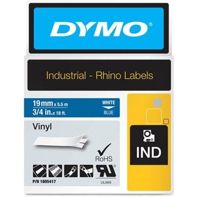 DYMO Rhino-Industrie-Vinyletiketten 19 mm x 5,5 m weiß auf blau selbstklebendes Schriftband DYMO Rhino-Industrie-Vinyletiketten 19 mm x 5,5 m weiß auf blau selbstklebendes Schriftband