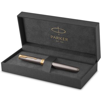 Parker Sonnet Fountain Pen Grey Lacquer with Gold Trims Fine Stainless Steel Nib with Gold Coating Black Ink Cartridge Refill Gift Box Parker Sonnet Fountain Pen Grey Lacquer with Gold Trims Fine Stainless Steel Nib with Gold Coating Black Ink Cartridge Refill Gift Box