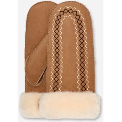 UGG® Bestickte Atherson Fäustlinge für Damen in Brown, Größe S/M, Schaffell UGG® Bestickte Atherson Fäustlinge für Damen in Brown, Größe S/M, Schaffell