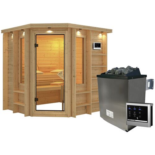 KARIBU Sauna »Libau«, inkl. 9 kW Saunaofen mit externer Steuerung, für 3 Personen – beige – beige