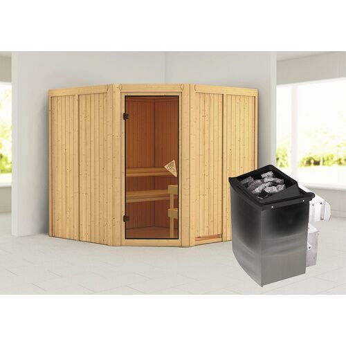 KARIBU Sauna »Vöru«, inkl. 9 kW Saunaofen mit integrierter Steuerung, für 4 Personen – beige – beige