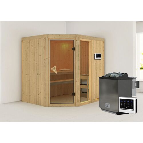 KARIBU Sauna »Paide 2«, inkl. 9 kW Bio-Kombi-Saunaofen mit externer Steuerung, für 3 Personen – beige – beige