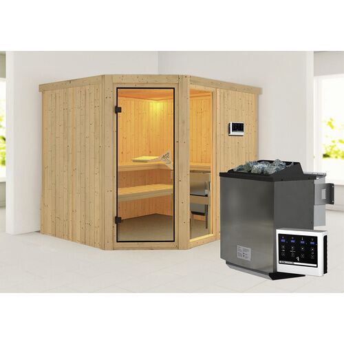 KARIBU Sauna »Paide 3«, inkl. 9 kW Bio-Kombi-Saunaofen mit externer Steuerung, für 4 Personen – beige – beige