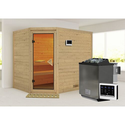 KARIBU Sauna »Kärdla«, inkl. 9 kW Bio-Kombi-Saunaofen mit externer Steuerung, für 4 Personen – beige – beige
