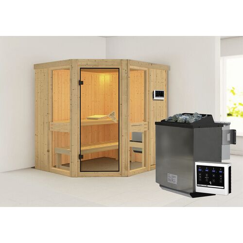 KARIBU Sauna »Pölva 1«, inkl. 9 kW Bio-Kombi-Saunaofen mit externer Steuerung, für 3 Personen – beige – beige