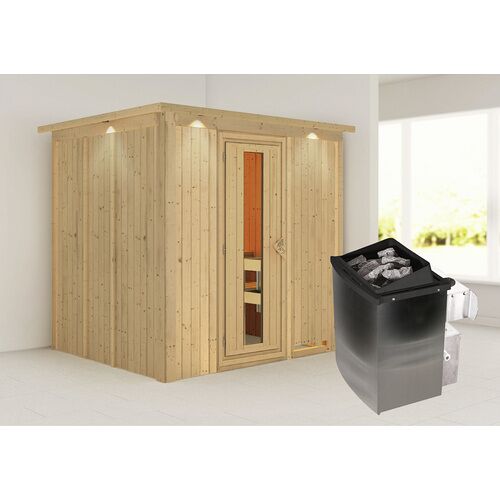 KARIBU Sauna »Rakvere«, inkl. 9 kW Saunaofen mit integrierter Steuerung, für 3 Personen – beige – beige