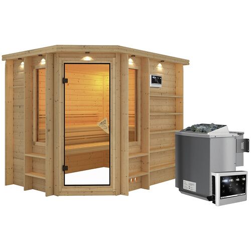 KARIBU Sauna »Mitau«, inkl. 9 kW Bio-Kombi-Saunaofen mit externer Steuerung, für 4 Personen – beige – beige