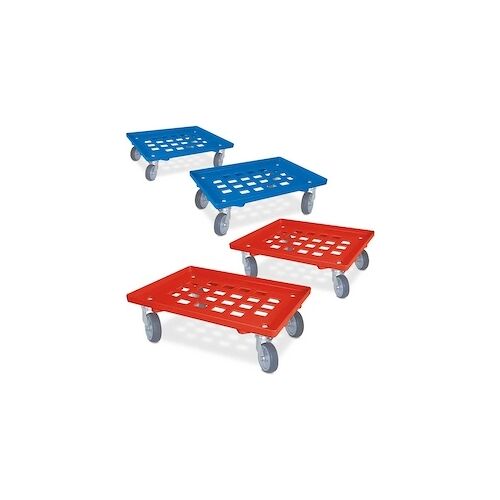 Set, 4x Kistenroller/Logistikroller mit Gitterdeck, 2x blau, 2x rot, für Behälter 600 x 400 mm, Tragkraft 250 kg