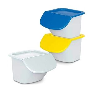 3x 15 Liter Zutatenbehälter mit Entnahmeklappe, stapelbar, Korpus weiß, Deckel blau/gelb/weiß
