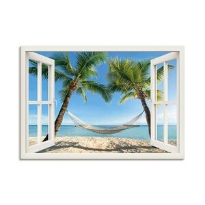 ARTland Leinwandbilder Wandbild Bild auf Leinwand Fensterblick Palmenstrand Karibik Größe: 70x50 cm