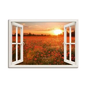 ARTland Leinwandbilder Wandbild Bild auf Leinwand Fensterblick Mohnblumenfeld Größe: 100x70 cm