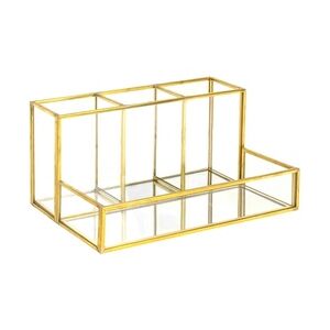 Intirilife Make Up Organizer aus Glas für Kosmetik mit Gold Rand und Spiegelboden -  20.1 x 14.2 x 10.3 cm Schmink Aufbewahrungsbox Ablage für Pinsel