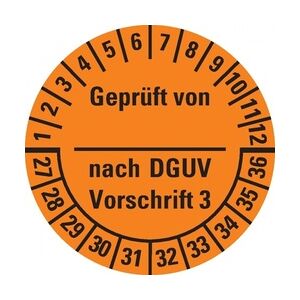 Dreifke® Prüfplakette Geprüft n. DGUV Vorschrift 3,27-36,orange,Dokufolie,Spez.,Ø25mm,21/BOG