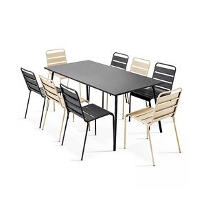 Oviala Business Set aus Terrassentisch und 8 Stühlen aus grauem und elfenbeinfarbenem Metall