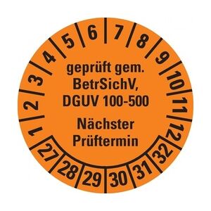 Dreifke® Prüfplakette gep.gem.BetrSichV,DGUV 100-500,NP,27-32,orange,Dokufolie,Ø30mm,18 St/Bogen