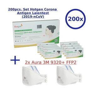 Hotgen Biotech 200x HOTGEN® Antigen-Testkit - Schnelltest Laientest zugelassen gem. BfArM-Cop I PZN 08012178 + 2x 3M 9320 Aura FFP2