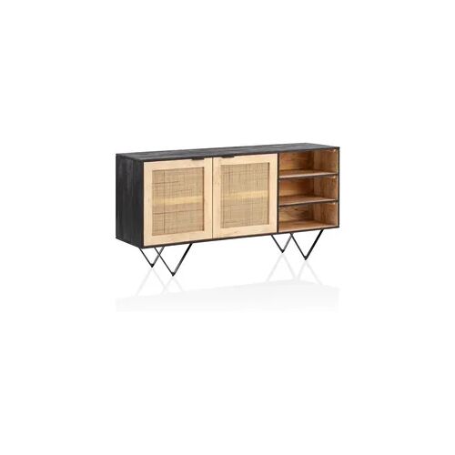 KADIMA DESIGN Sideboard 145x75x40 cm Mango Massivholz / Rattan Kommode mit 2 Türen, Hoher Kommodenschrank Schwarz / Braun, Standschrank Wohnzimmer mit Regal,